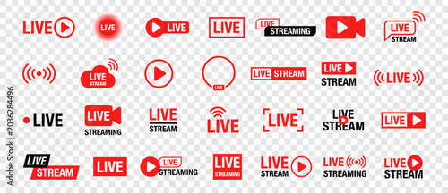 Live Streaming Icons Set — Red Live Stream Badges Buttons and Labels Collection Vector on Transparent Background