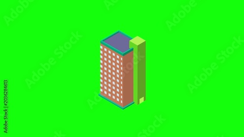 Isometric voxel skyscraper with terracotta facade, white window grid, and cyan roof trim. Isolated on vivid green screen, seamless looping animation, crisp game art style.