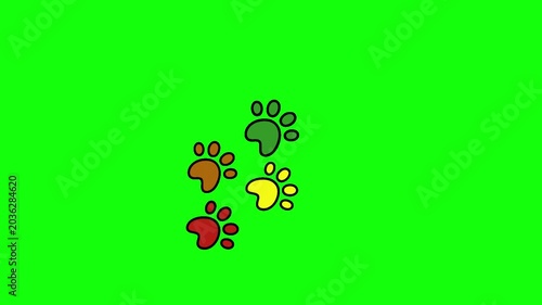 Colorful cartoon paw prints in rainbow hues popping up sequentially in walking pattern across frame.  Isolated on vivid green screen, seamless looping trail animation.