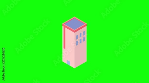Pastel isometric tower with coral trim and blue windows growing upward floor by floor. Isolated on vivid green screen, minimalist voxel style, seamless loop.