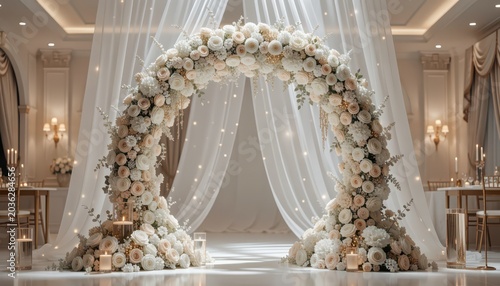Floral Wedding Arch Decorated with Roses and Candles Isolated on Transparent Background © Levanbaysg