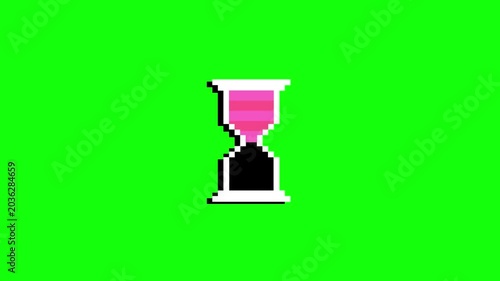 Retro 8-bit pixel art hourglass with white frame and pink sand in top chamber.  Isolated on vivid green screen, seamless looping animation, crisp pixel aesthetic.