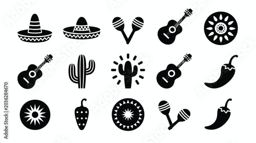 Cinco de mayo icon pack sombreros guitars cacti and fiesta elements for party decorations and celebrations