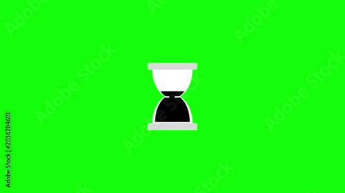 Minimalist hourglass icon with white frame and black sand streaming continuously from top to bottom. Isolated on vivid green screen, crisp flat vector style, seamless infinite loop.

