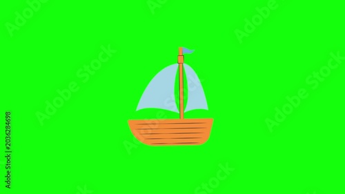 Cute orange sailboat with light blue billowing sails and tiny waving blue flag, gently rocking up and down on invisible waves.  Isolated on bright green screen, seamless looping animation, flat.