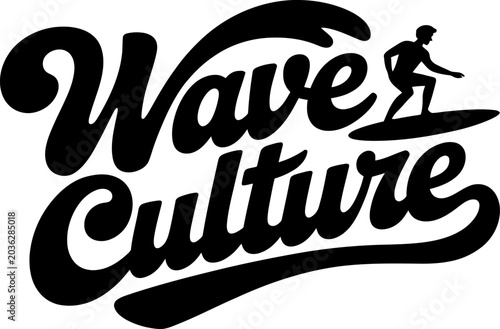 Wave Culture typography design features a bold calligraphic script style paired with a stylized black silhouette of a surfer riding a large ocean swell to represent the spirit of marine lifestyle.