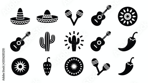 Cinco de mayo icon pack sombreros guitars cacti and fiesta elements for party decorations and celebrations