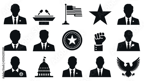 Foto American politics and government vector icons featuring officials symbols and bu