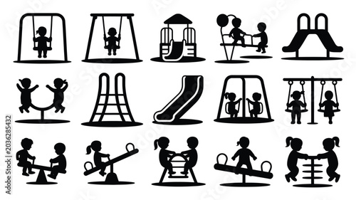 Foto Black silhouette icons of children playing on various playground equipment like