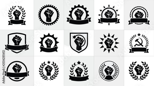 Foto Collection of 15 may day commemorative symbols with raised fists and banners on