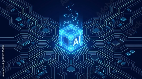 Futuristic AI cube glowing with data streams on a complex circuit board artificial intelligence