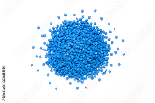 Heap of blue masterbatch granules. Masterbatch is a new type of colorant specifically for polymer materials. Top view
