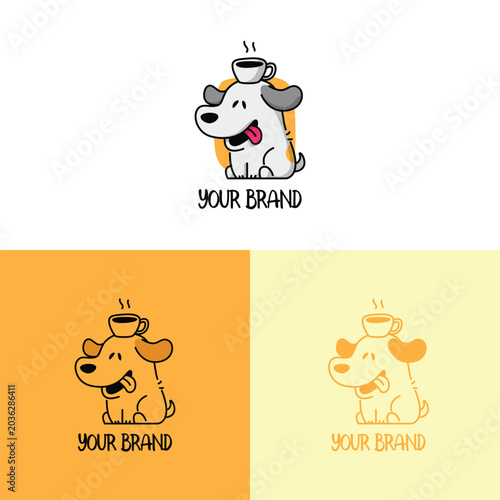 A SITTING DOG WITH A CUP OF COFFEE ON HIS HEAD CARTOON LOGO