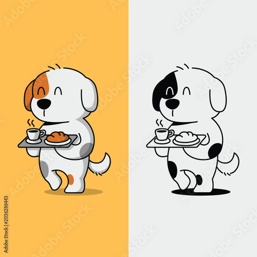 A WALKING DOG IS BRINGING A CUP OF COFFEE AND A BREAD CARTOON LOGO