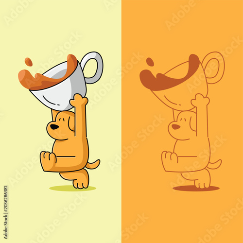 A WALKING DOG IS BRINGING A CUP OF COFFEE ON HIS HEAD, CARTOON LOGO