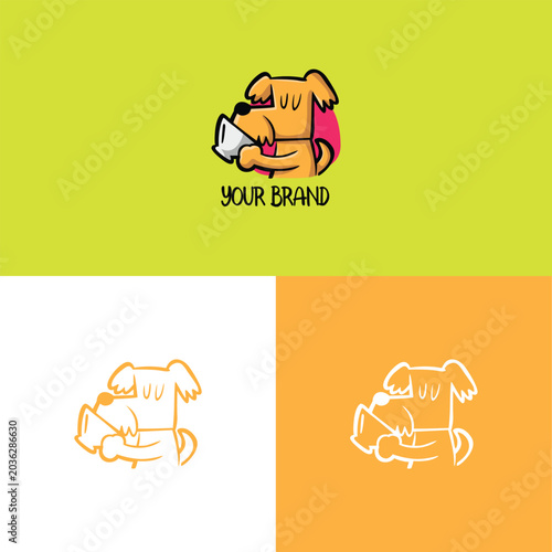 A DOG IS DRINKING A CUP OF COFFEE, HAND DRAWING MINIMALIST LOGO
