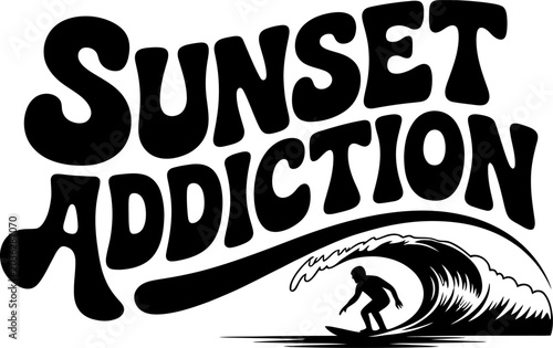 Surfer riding a large ocean wave is depicted in a stylized black and white graphic design that captures the intense passion for coastal water sports and the adventurous spirit of summer lifestyle.