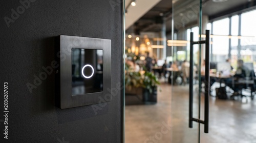 Modern office entry access panel beside glass doors in corporate lobby