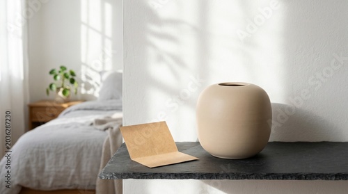 Soft beige ceramic vase on dark slate shelf beside a light filled bedroom