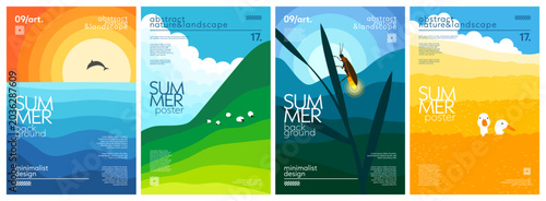 Minimal set of nature landscape summer backgrounds with sun and dolphin, hills and sheep, plant and firefly, fields and ducks. Simple gradient geometric design for cover, poster, banner, flyer, print