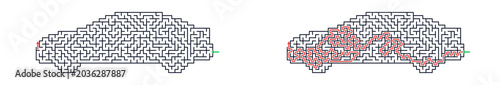 Car maze puzzle for kids with outlined vehicle shapes  