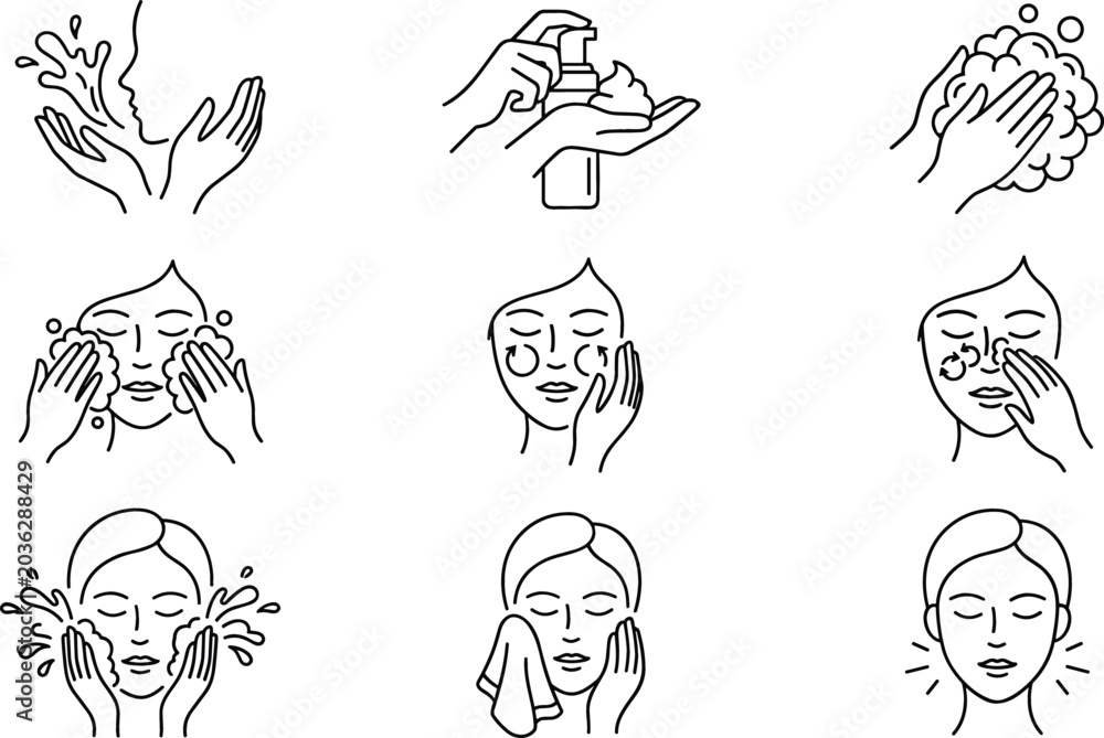 Fototapeta premium Face Washing Routine Line Art Icon Set with Skincare Steps Foam Cleanser and Towel for Beauty Graphic Designs