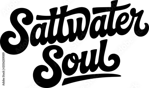 Saltwater soul text is written in a flowing and elegant script font to evoke a deep connection with the ocean and a peaceful lifestyle for seaside travel marketing or creative decor projects.