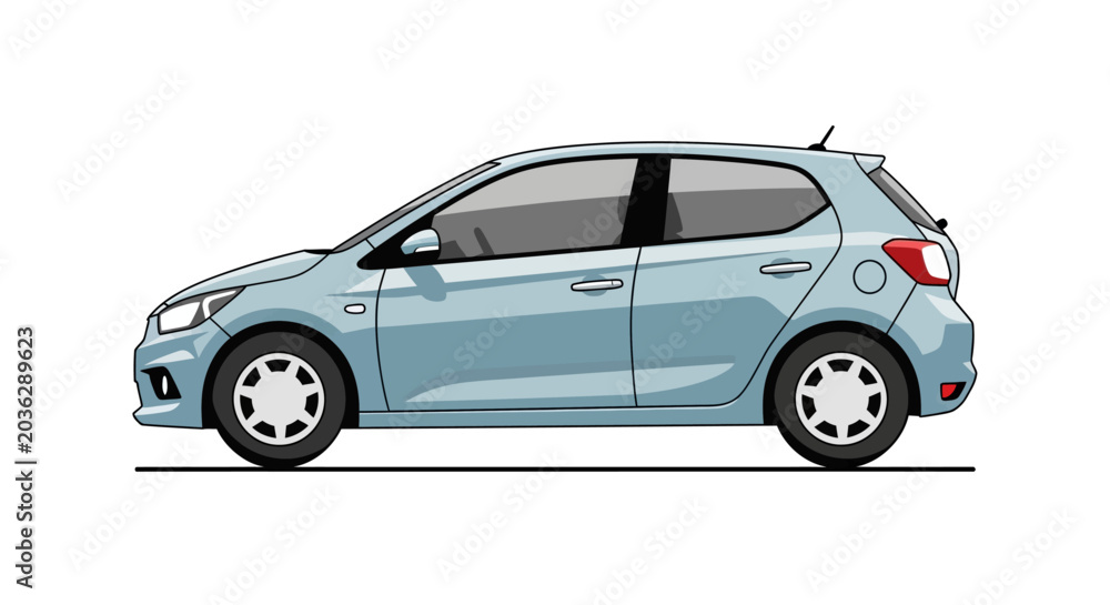 Fototapeta premium Modern blue hatchback car in profile on white background.