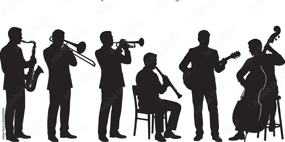 Fototapeta premium Live Jazz Band Musician Silhouette Vector Set Featuring Brass and String Performers Playing Saxophone Trombone Trumpet Clarinet Guitar and Double BassLive Jazz Band Musician Silhouette Vector Set Feat
