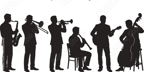 Bild auf Leinwand Live Jazz Band Musician Silhouette Vector Set Featuring Brass and String Perform