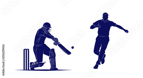 Foto Cricket player batting, bowler running, sport silhouette, action illustration