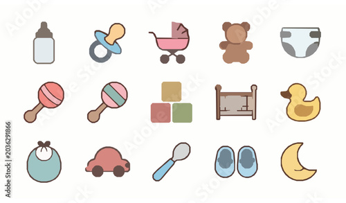Billede på lærred Baby care and playtime vector icon set with newborn toddler essentials