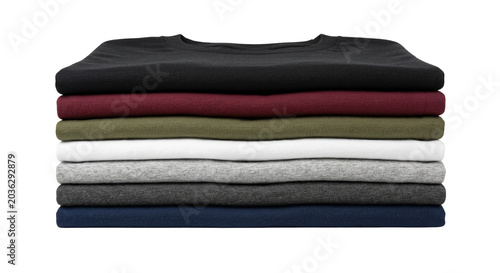 Konstfotografi Stack of folded colorful cotton t-shirts on transparent background