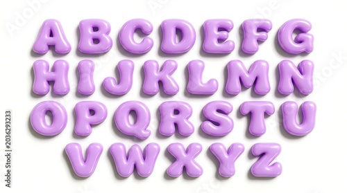 Lilac plastic alphabet letters in 3D showcasing a complete set from a to z with soft shadows uppercase purple font