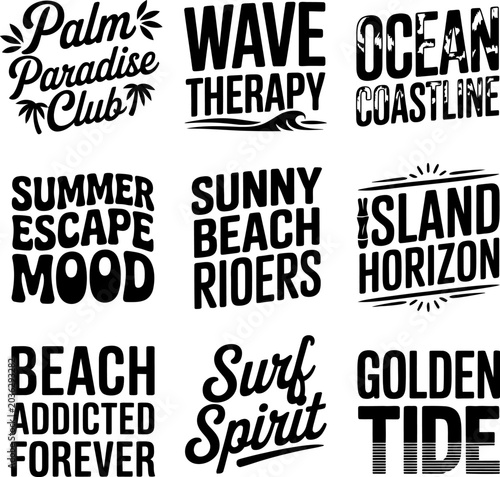 Logos celebrating coastal culture are presented in a balanced grid featuring wave imagery and stylized fonts to represent the spirit of island living and ocean-focused outdoor activities and gear.