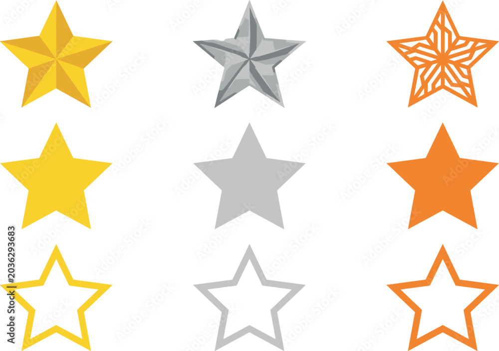Fototapeta premium Golden silver and bronze rating star icon set with various textures shapes and outlines isolated vector template