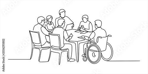 Quadro su tela Three people group standing together in continuous line drawing art style Vector