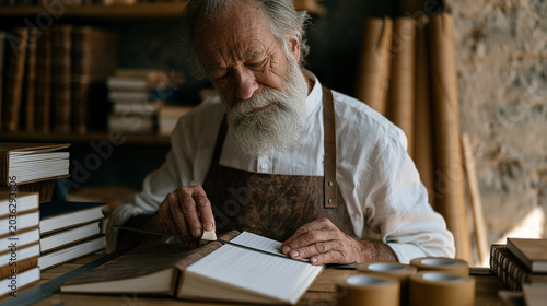 An elderly artisan bookbinder scores a spine fold on a leather-covered journal cover, using a bone folder along a steel ruler, surrounded by stacks of finished volumes and rolls of binding tape insi