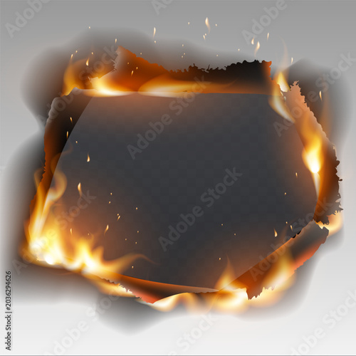 Valokuva Burning paper creating fiery frame for content with smoke and embers