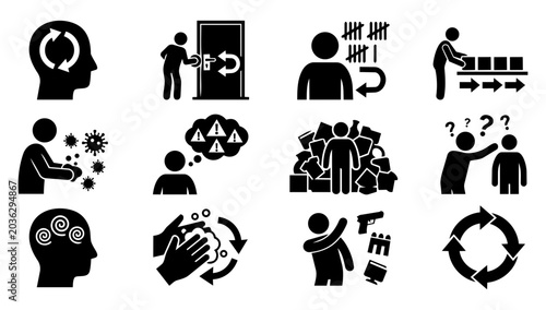 Tablou pe pânză OCD and Obsessive Compulsive Disorder Silhouette Icons Set