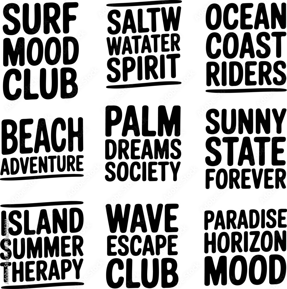 Obraz premium Typography collection featuring surf and coastal themes showcases black hand-drawn lettering phrases arranged in a structured grid format for a beach lifestyle design project with ample copy space.