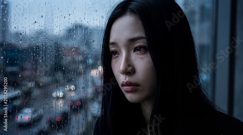 A close-up portrait shows a woman crying by a rain-streaked window overlooking blurred city traffic at dusk, evoking heartbreaking sorrow, loneliness, and deep vulnerability.