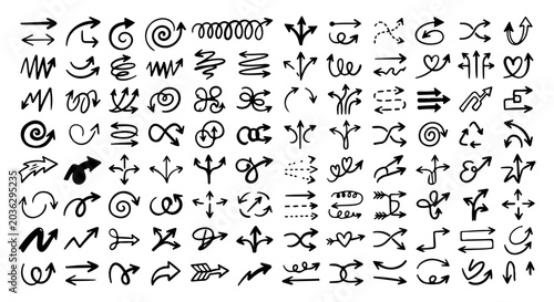 Hand Drawn Curved Arrow Collection Set, Doodle Swirl and Sketch Direction Symbols Vector Pack