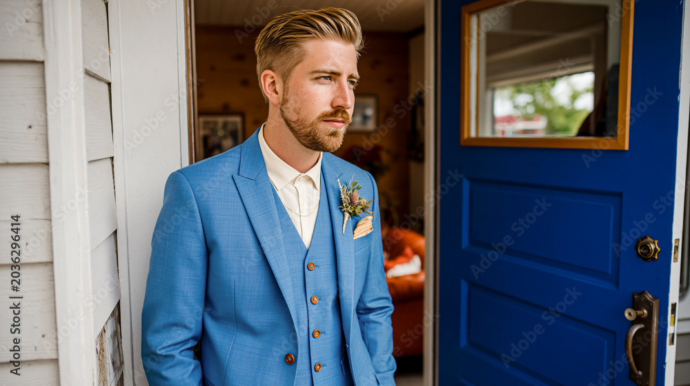 Fototapeta premium Groom in Blue Suit Awaiting Moment A stylish groom, dressed in a light blue suit and vest, awaits his special moment.