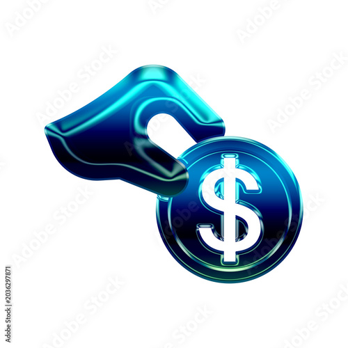 Glossy chrome cash payment button icon, abstract money transaction tracking symbol, premium 3D render