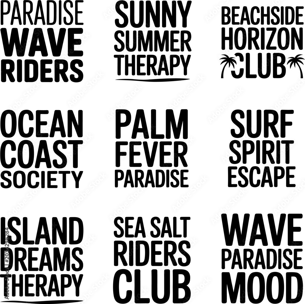 Obraz premium A collection of nine graphic designs featuring stylized text and tropical imagery related to beach and surf culture, suitable for apparel or merchandise.