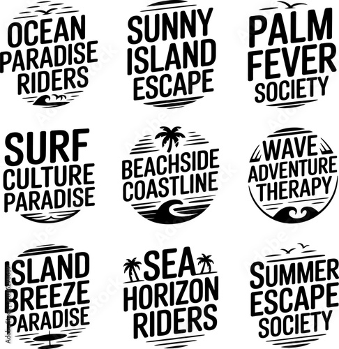 Beach logos showcase typography representing surfing, ocean waves, palm trees, and tropical vacation themes for lifestyle branding projects.