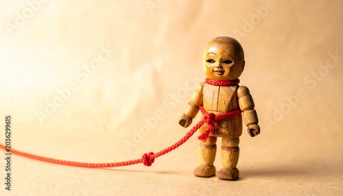 Wooden figurine bound with red string, jointed limbs, symbolic posture evoking restraint, control, and expressive artistic meaning.