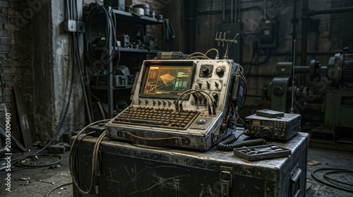 Vintage Gritty Cyberdeck in Dystopian Workshop with Analog Displays and Wires