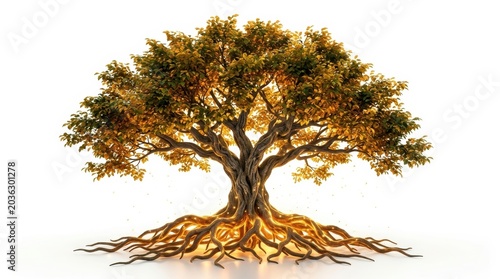 Majestic golden oak tree with sprawling roots, ancient life tree with glowing amber foliage, symbolic botanical illustration of growth and stability isolated PNG with Transparent Background